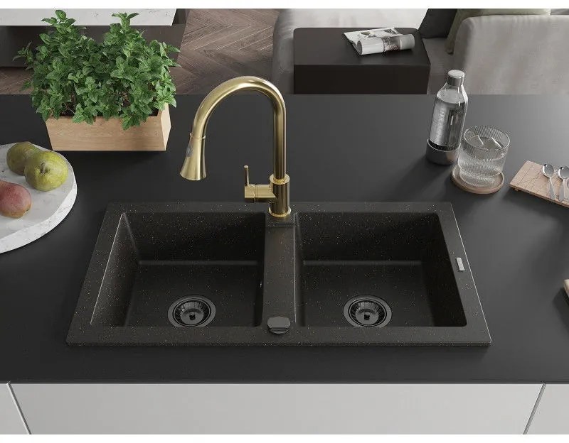 Mexen Mario, 2-komorový granitový drez 820x436x161 mm a drezová batéria Elia, čierna-zlatá metalíza, 6504-75-670101-50-B