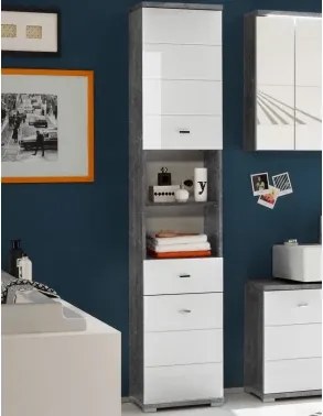 Vysoká kúpeľňová skrinka Pool, sivý betón/biely lesk%