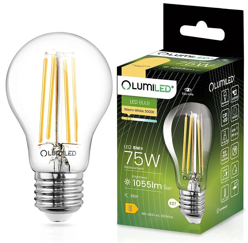 Žiarovka LED A60 FIL CL 8W E27 1055LM 3000K