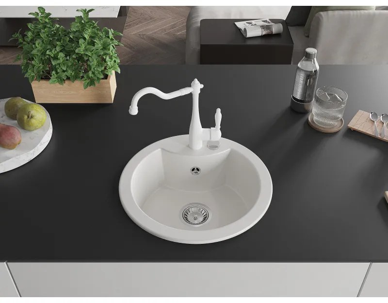 Mexen Diego, granitový drez 488x488x167 mm, 1-komorový a drezová batéria Carla, biela, 6512-20-670700-20