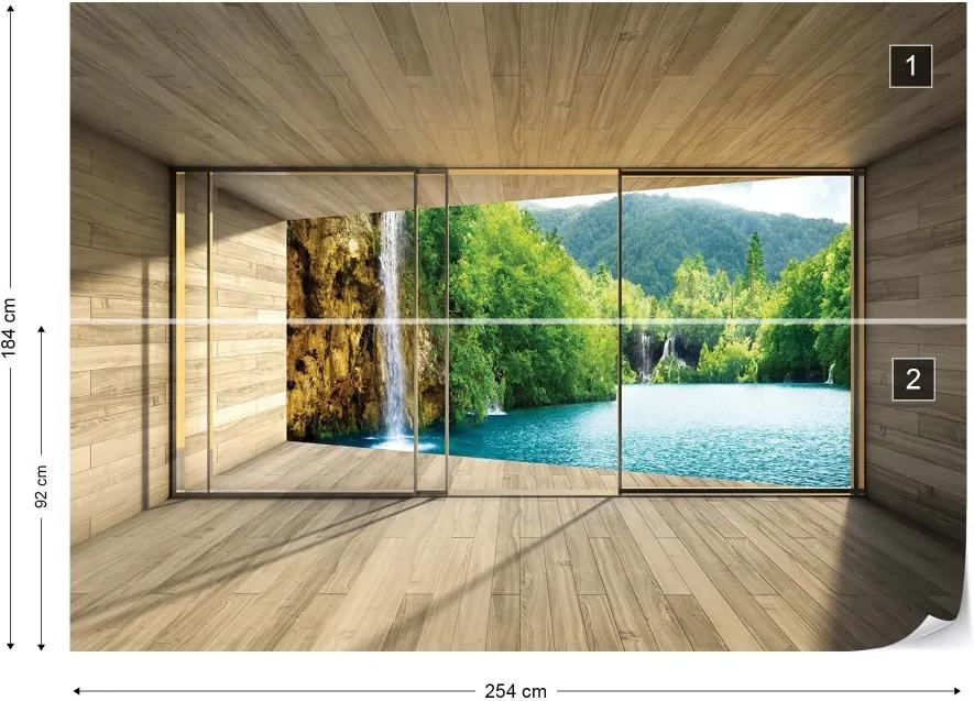 GLIX Fototapeta - Waterfall Lake 3D Modern Window View Vliesová tapeta  - 254x184 cm