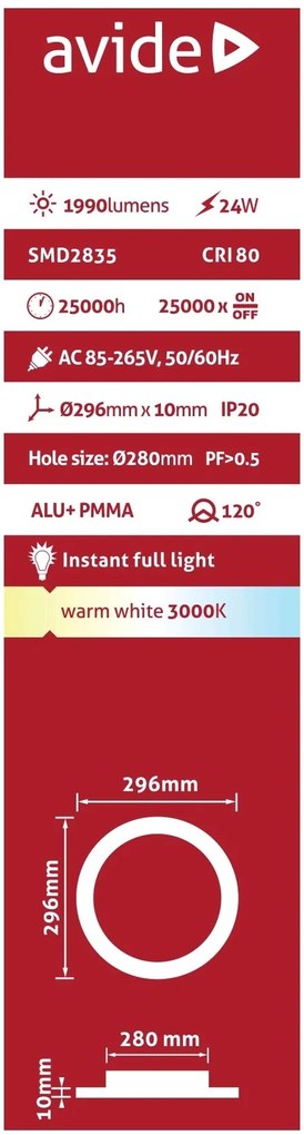 AVIDE Zápustný LED panel, 24W, teplá biela, 30cm, okrúhly, biely