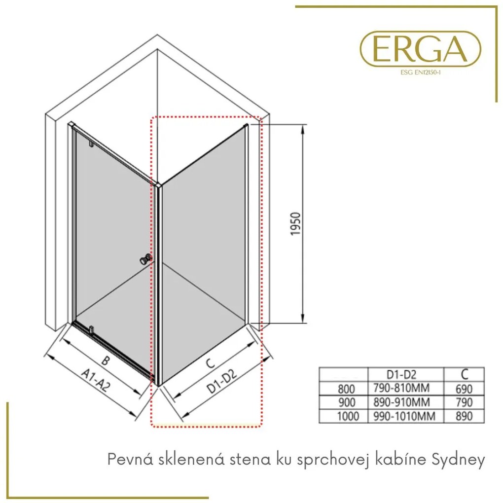 Erga Sydney, pevná stena pre sprchový kút 80x195 cm, 6mm číre sklo, chrómový profil, ERG-V02-SYDNEY-G080-CR