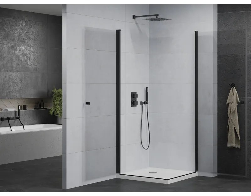Mexen Pretoria Duo, sprchovací kút s 2-krídlovými dverami 70 (dvere) x 70 (dvere) cm, 6mm číre sklo, čierny profil + slim sprchová vanička 5cm biela s čiernym sifónom, 852-070-070-70-02-4010B
