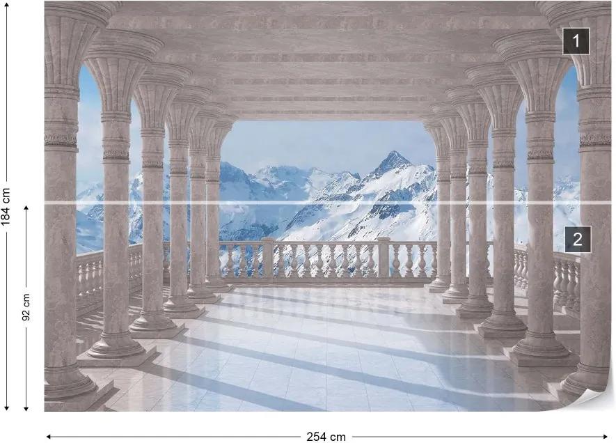 GLIX Fototapeta - Snowy Mountains 3D View Through Columns Vliesová tapeta  - 254x184 cm
