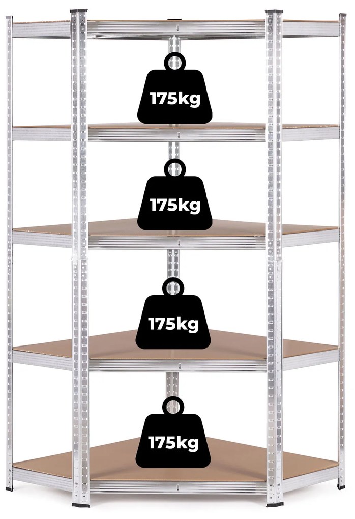 Rohový úložný regál 180x90x40 cm, 5 políc, nosnosť 875 kg, ModernHome