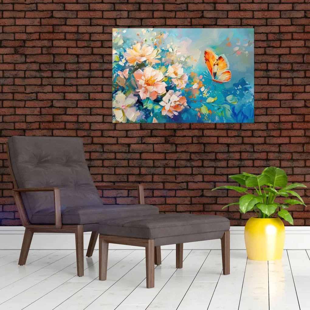 Obraz - Motýľ a kvety, olejomaľba II. (90x60 cm)