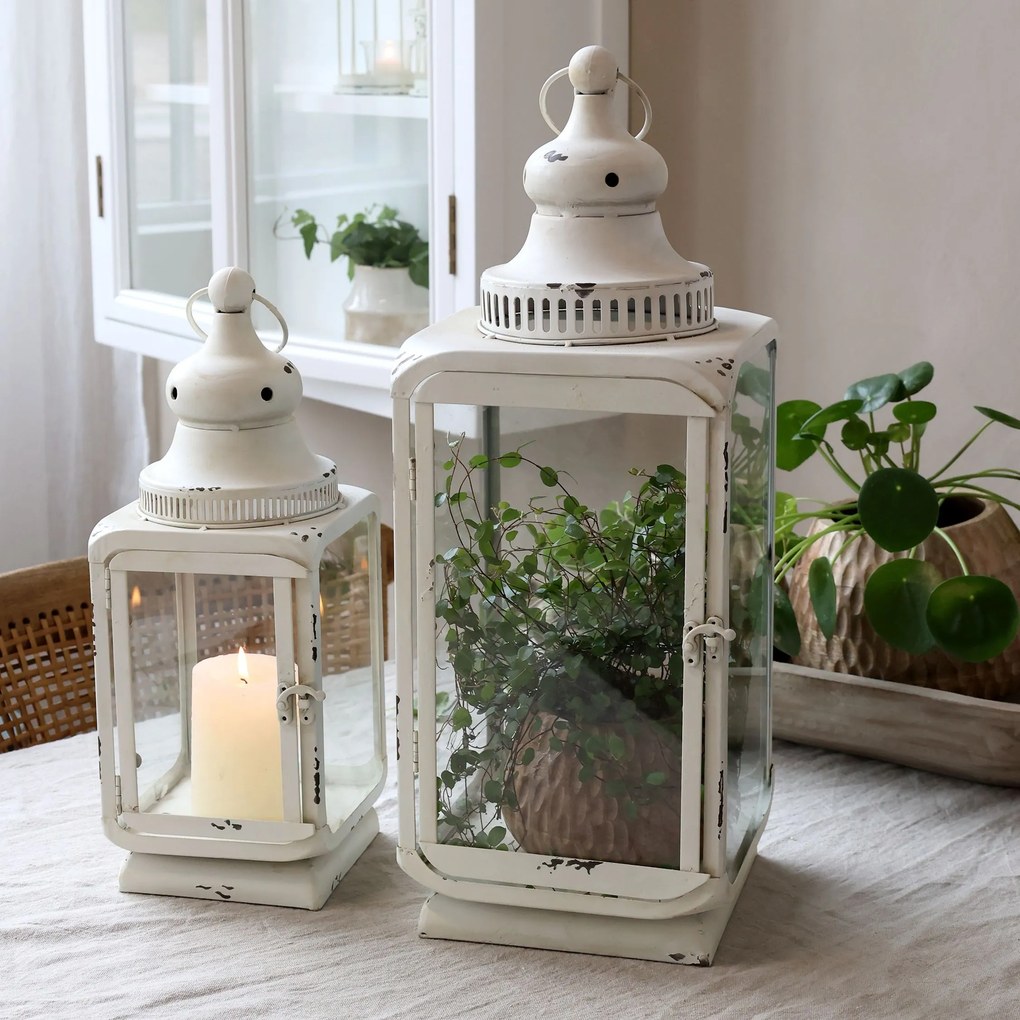 Sada 2 béžových antik lampášov s drážkami Luemi – 20*20*54/ 15*15*40 cm