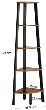 Rohový regál, industriálny dizajn, 5 políc, 159x34x34cm