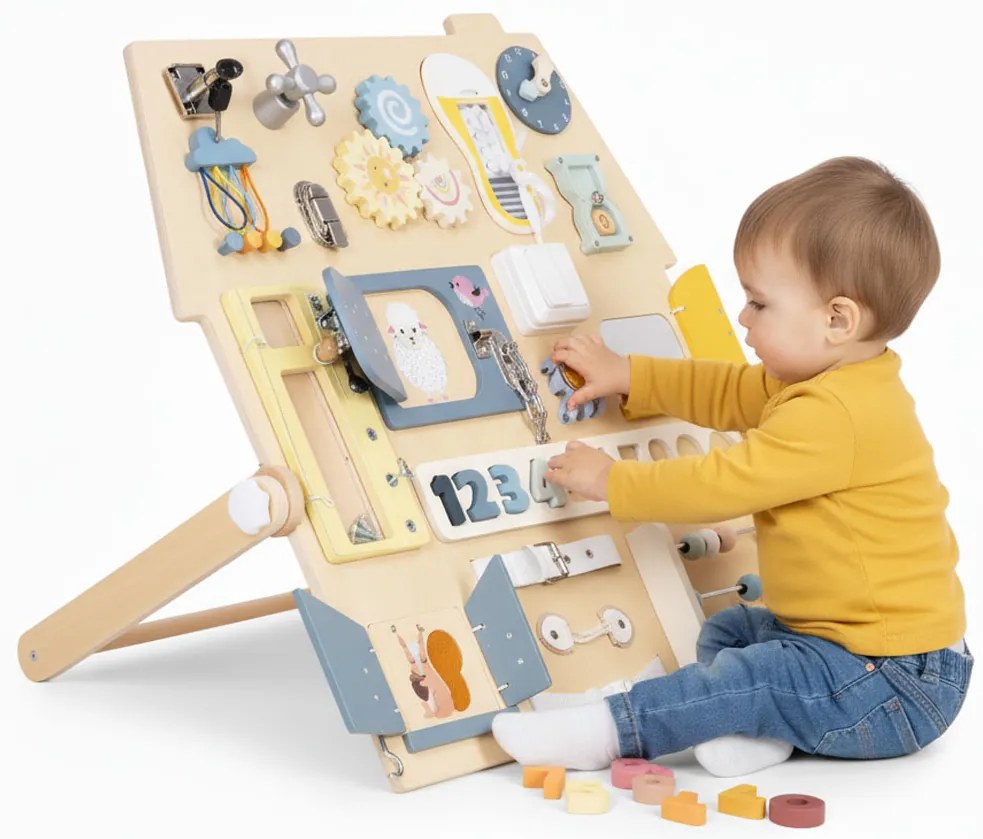 ECOTOYS Veľká drevená senzorická manipulačná tabuľa pre deti vzdelávací panel XL