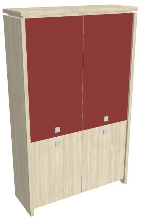 Vysoká skriňa Verno 128 x 46 x 210 cm, kombinované dvere, agát / červená