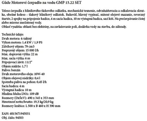 Záhradné čerpadlo Güde GMP 15.22 benzínové set