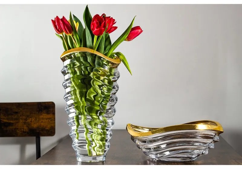 KRIŠTÁĽOVÁ VÁZA BOHEMIA PRESTIGE WAVE MATT GOLD 340MM
