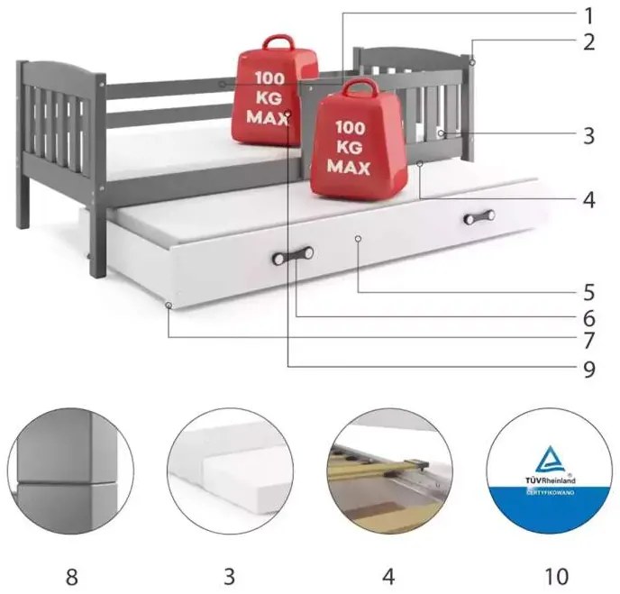 Posteľ s prístelkou KUBO 2 190x90 grafit - biela