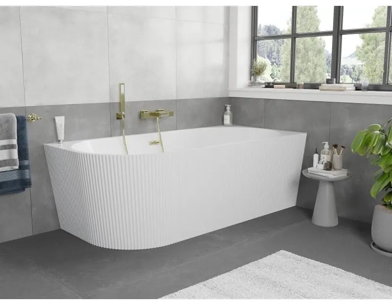 Mexen Silo, rohová voľne stojaca ryhovaná vaňa, pravá, 150 x 75 cm, biela lesklá, zlatý matný prepad, 52891507500P-55