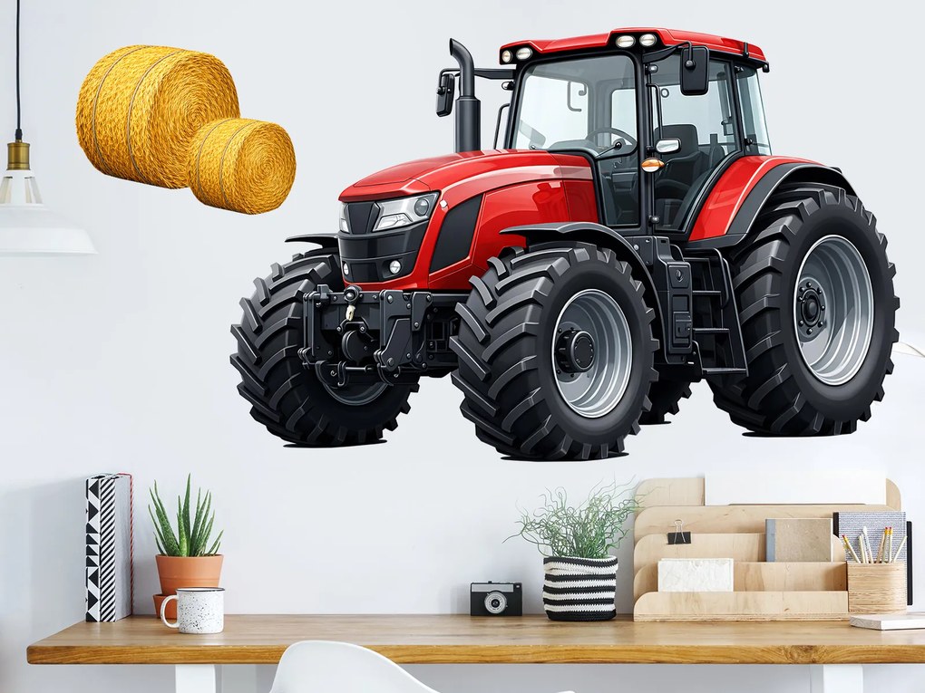 Červený traktor textilní prelepiteľná nálepka na stenu hárok 46 x 30 cm