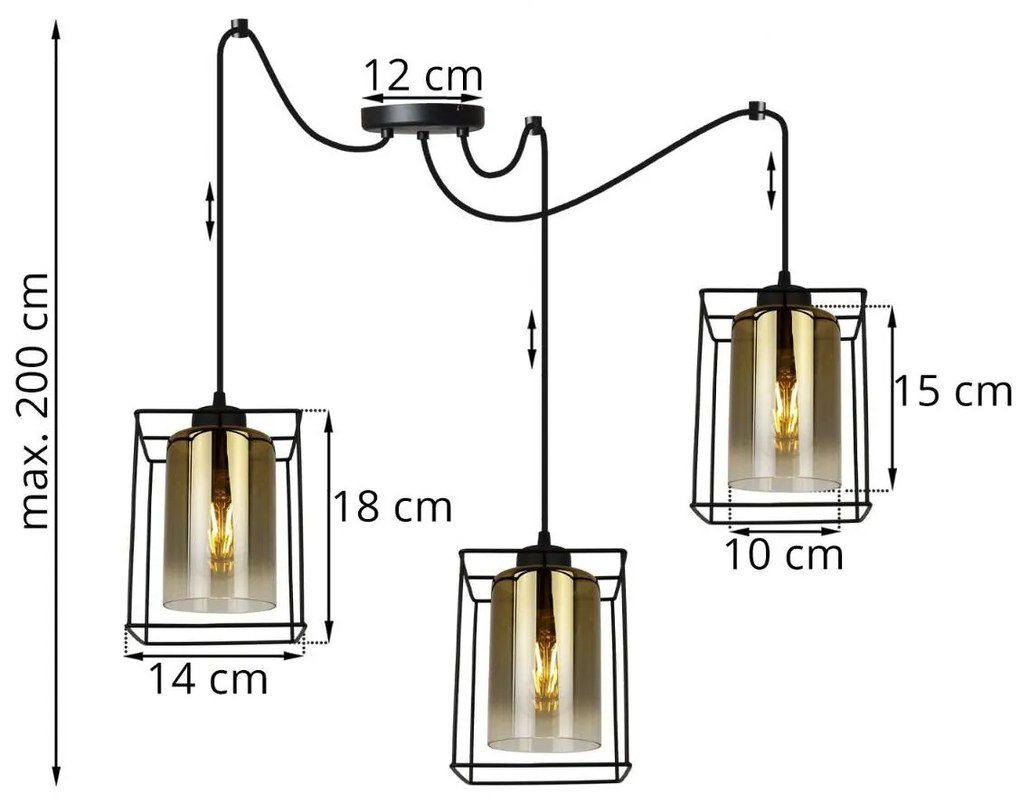 Závesné svietidlo Hella cage spider, 3x zlaté sklenené tienidlo v kovovom ráme