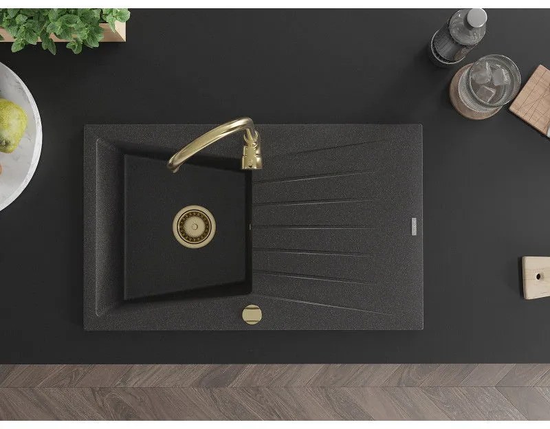 Mexen Cesar, granitový drez 775x470x190 mm, 1-komorový, čierna škvrnitá so zlatým sifónom, 6514771010-76-G