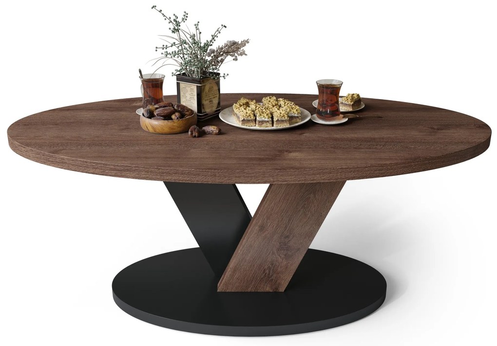 LOVA Hnedý dub/Čierny - OVÁLNY KONFERENČNÝ STOLÍK 110 × 60 cm MODERNÝ KÁVOVÝ STOLÍK