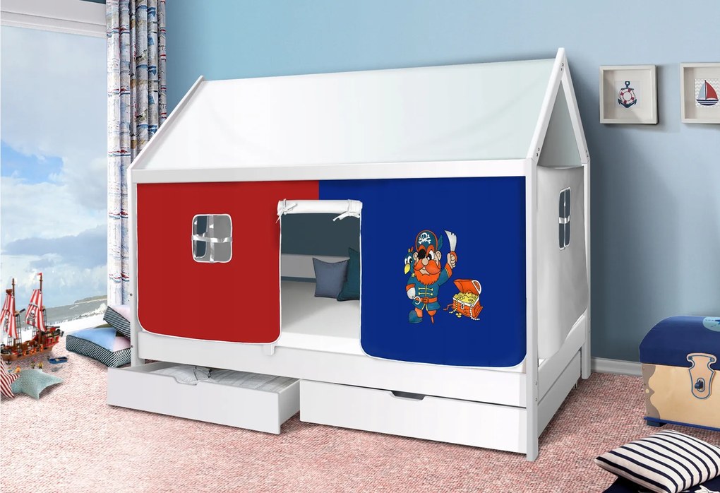 Detská Domčekové posteľ KIDS piráti modročervený - BIELA 200x90 cm