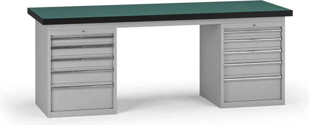 Pracovný stôl do dielne G8, 2100 x 750 x 800 mm, 2x kontejner, 10 zásuviek, sivá
