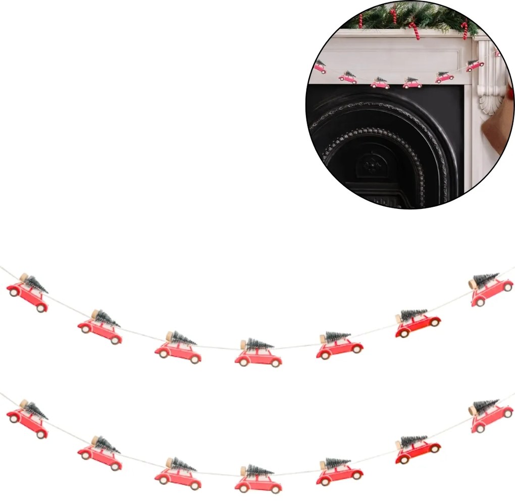 Vianočná drevená girlanda WINTER CARS, 1,5 m