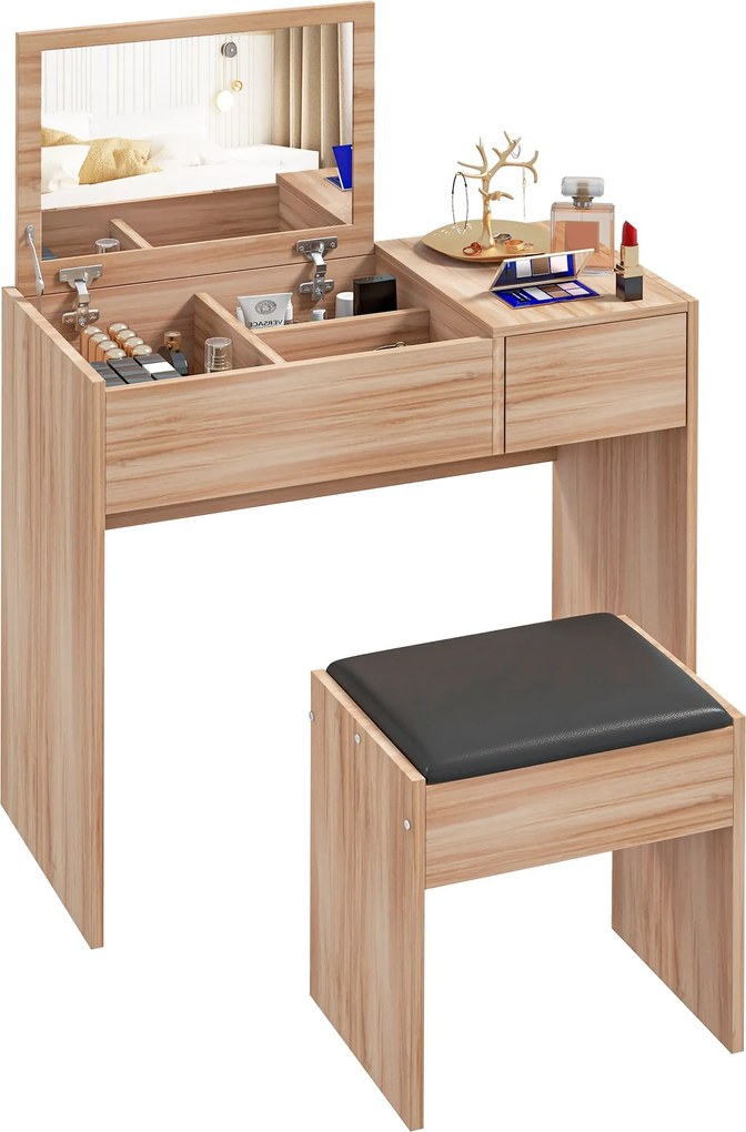 HOMCOM Toaletný stolík s taburetkou a zrkadlom so sklápacou vrchnou časťou a úložnými boxmi 80x40x79 cm a 40x30x40 cm Prírodný | Aosom