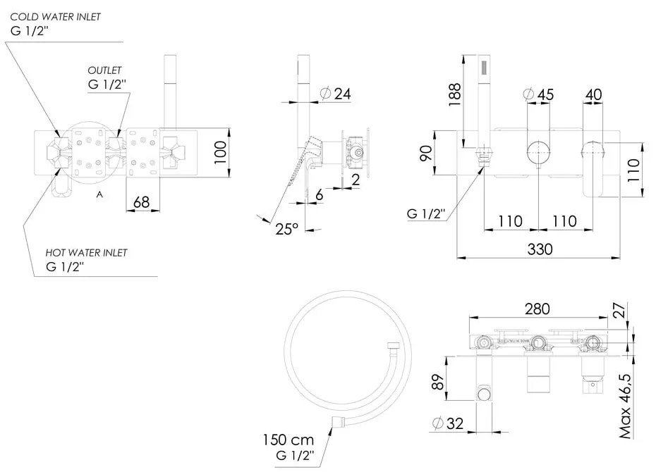 Podomietková sprchová batéria v lesklej striebornej farbe (2 výstupy) Spy – Sapho