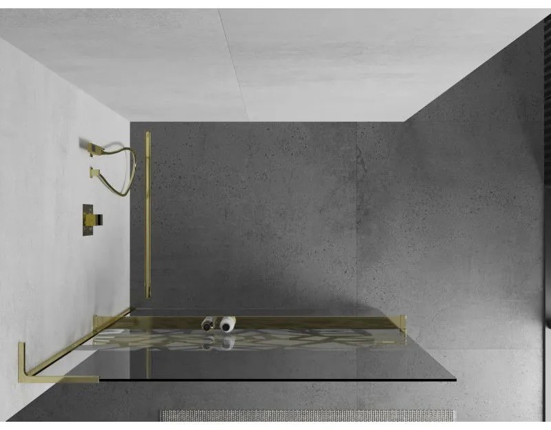 Mexen Kioto+ L, sprchová zástena Walk-In s poličkou a vešiakom 110 x 200 cm, 8mm číre sklo biely vzor, zlatý lesklý profil,800-110-123-50-85