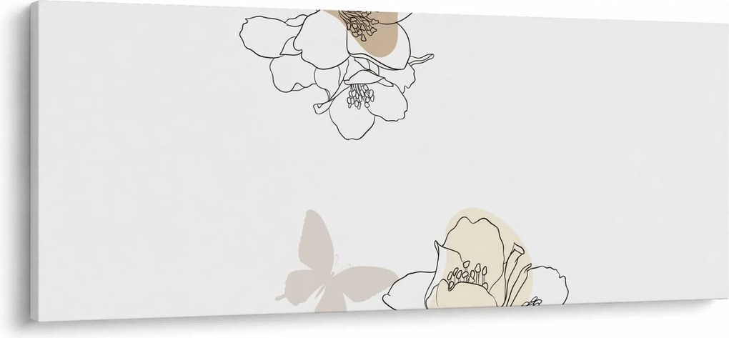 Obraz - Béžové kvety s motýľom N⁰2 (120x50 cm)