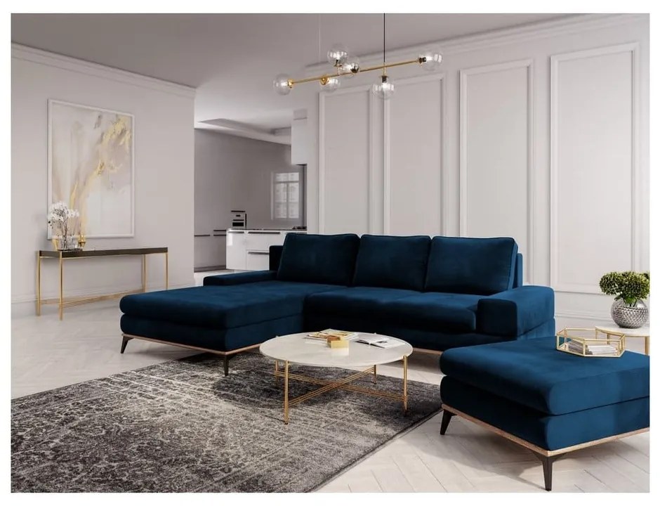 Modrá rozkladacia rohová pohovka so zamatovým poťahom Windsor & Co Sofas Astre, ľavý roh