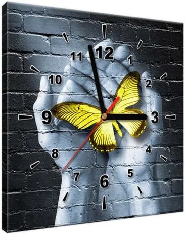 Obraz s hodinami Žltý motýľ v dlaniach 30x30cm ZP2363A_1AI