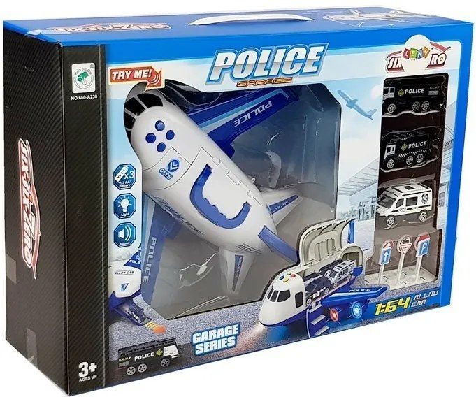 LEAN Toys Skladacie policajné lietadlo s autami 1:64 so svetlom a zvukom