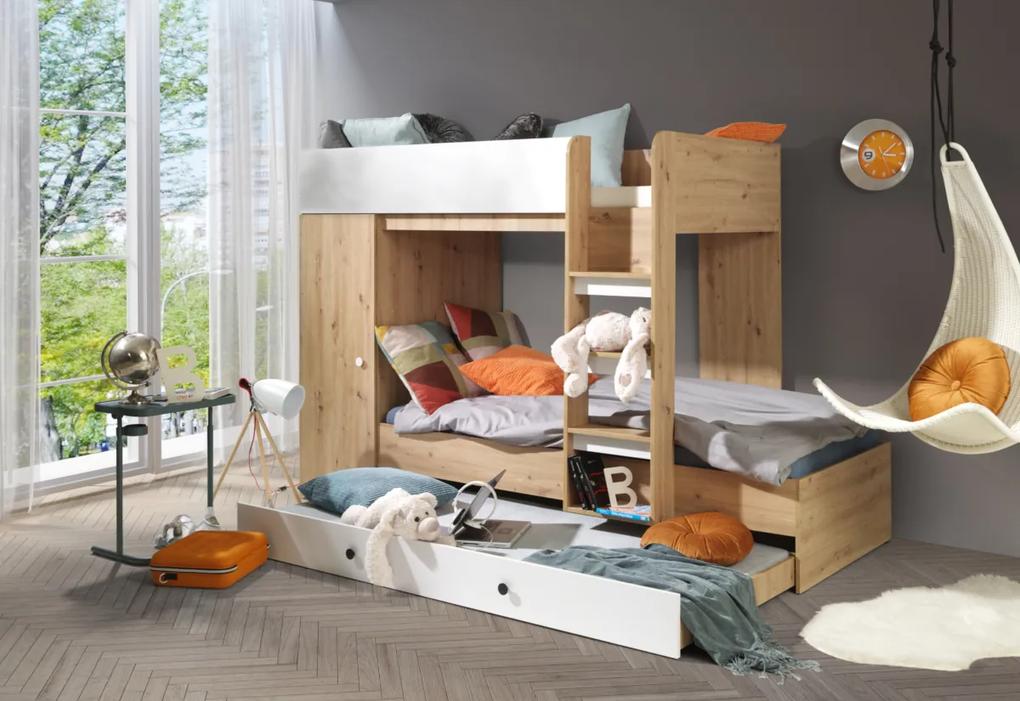 Detská poschodová posteľ SMALT 2 + matrac, 254,4x165x94,4, dub artisan/biela/čierna
