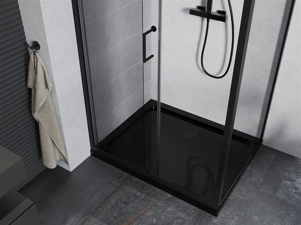 Mexen Apia sprchovací kút s posuvnými dverami 90 (dvere) x 80 (stena) cm, 5mm číre sklo, čierny profil + čierna sprchová vanička s čiernym sifónom, 840-090-080-70-00-4070B