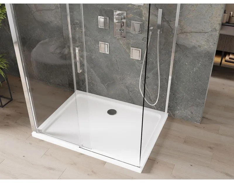 Mexen Omega, 3-stenový sprchovací kút s posuvnými dverami 100 (dvere) x 80 (stena) x 190 cm, 8mm číre sklo, chrómový profil + biela sprchová vanička SLIM, 825-100-080-01-00-3S-4010