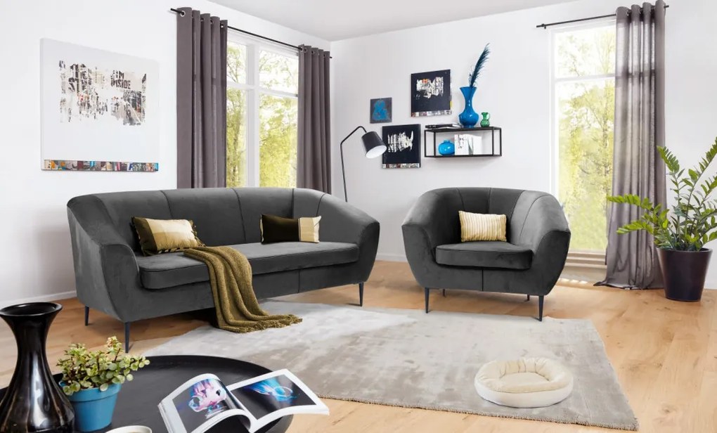 Trojmiestna pohovka Olivio, stredne šedá zamatová látka