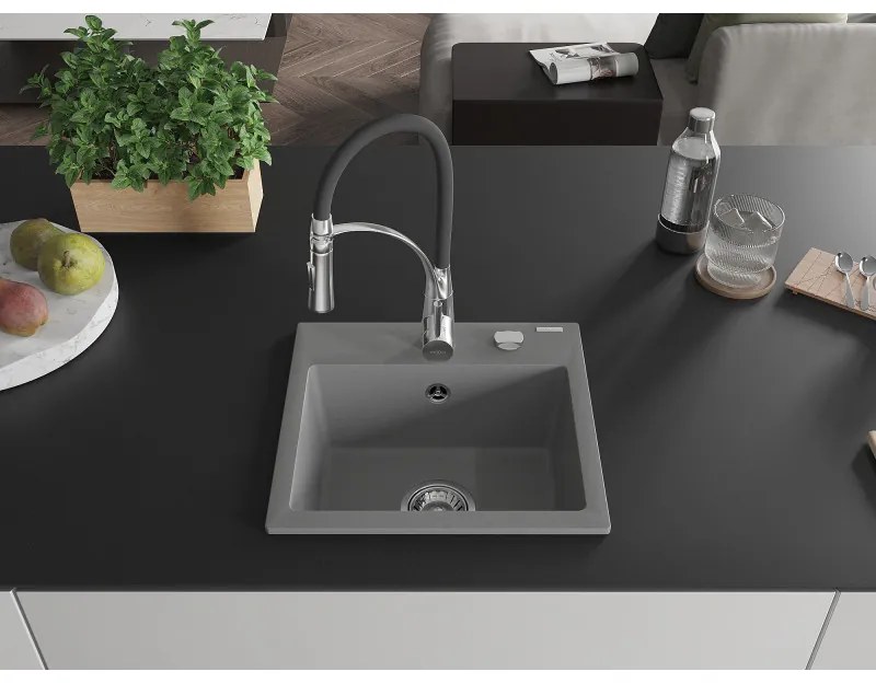 Mexen Milo, 1-komorový granitový drez 435x410x171 mm a drezová batéria Aster, šedá, 6505-71-73450-07