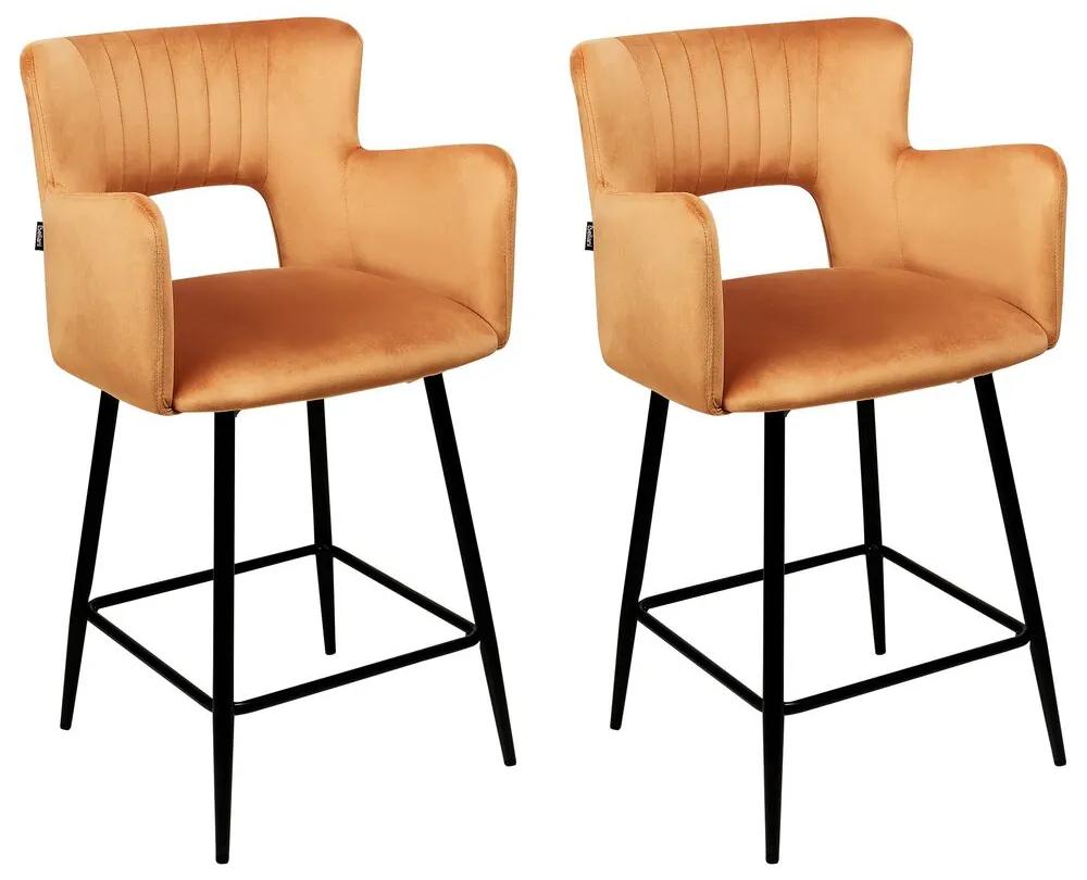 Sada 2 zamatových barových stoličiek oranžová SANILAC Beliani