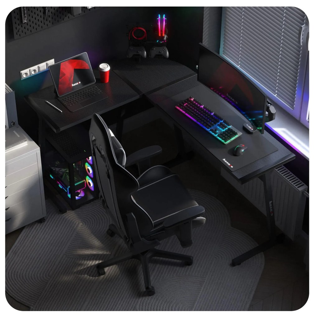 Rohový PC stolík Hyperion 6.0 (čierna + viacfarebná) (s LED osvetlením). Akcia -21%. Vlastná spoľahlivá doprava až k Vám domov. 1087515