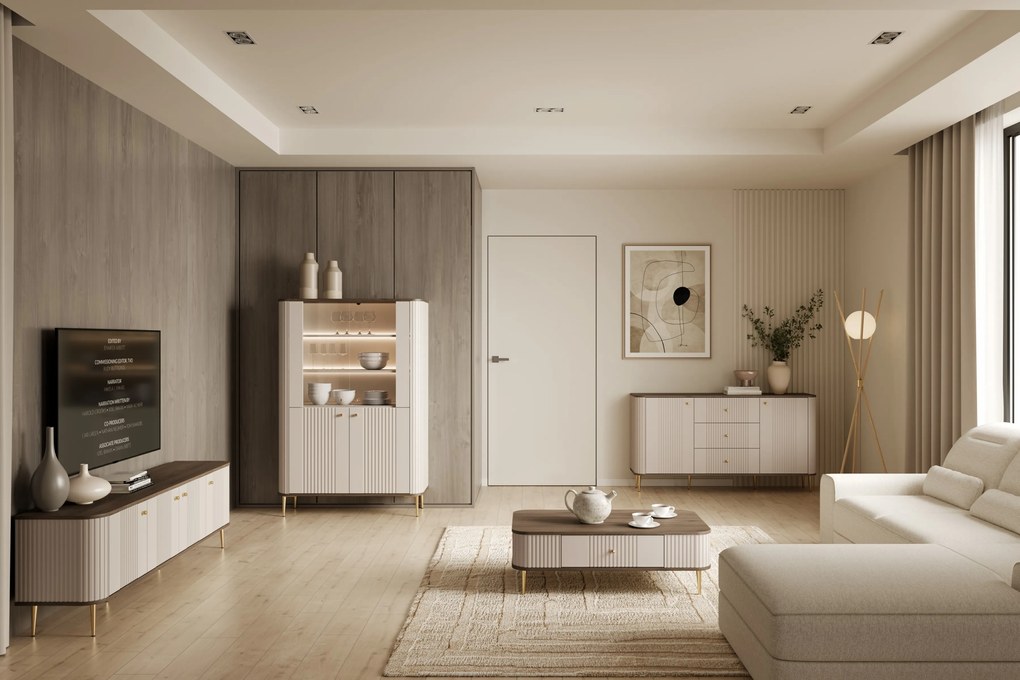 Vitrína Vesper 103 cm štvordverová - kašmír / orech / zlaté nohy