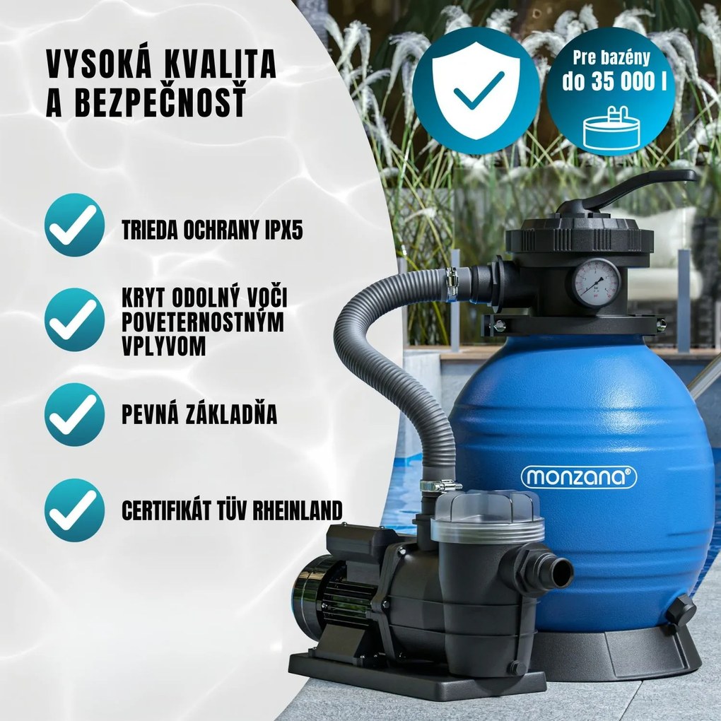 Piesková filtrácia k bazénu AQUA s filtračnými guľôčkami, 10 200 l/h, modrá Monzana