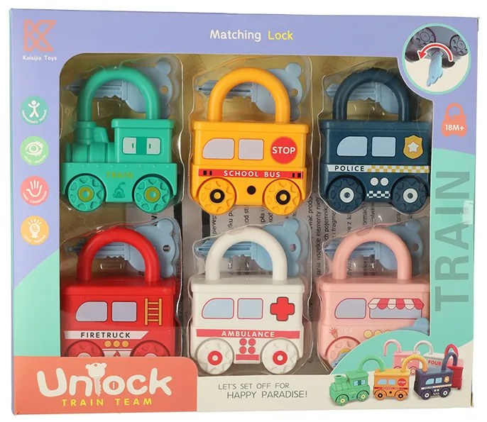 KIK Montessori vzdelávacia senzorická hračka: 6 autíčok s visiacimi zámkami a 7 kľúčmi (18m+)