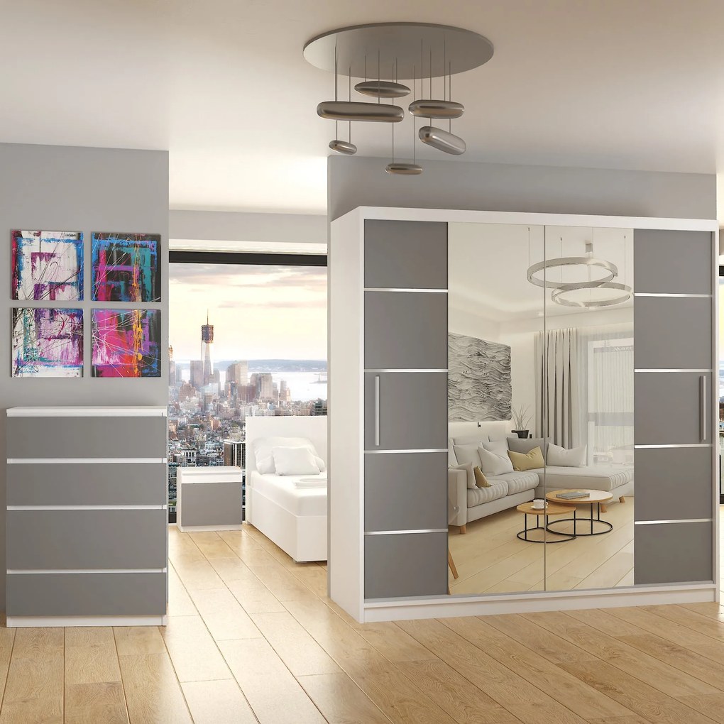 Šatníková skriňa 200 cm Belini biely mat / šedý mat s posuvnými dverami zrkadlom a zásuvkami  ME SZP5/1/W/SR/0/KLAL