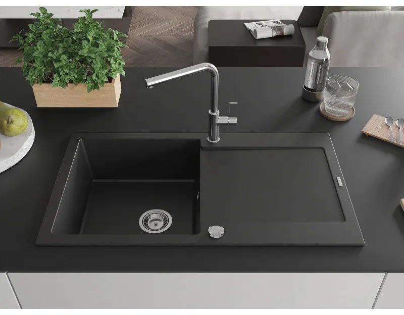 Mexen Leo, 1-komorový granitový drez 900x500x190 mm a drezová batéria Flora, čierna, 6501-77-670401-00