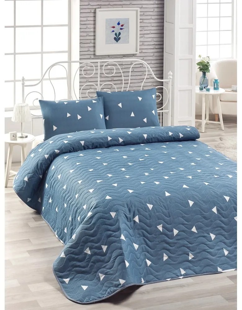 Set modrej bavlnenej prikrývky cez posteľ a 2 obliečok na vankúše Lesso Duro, 200 × 220 cm