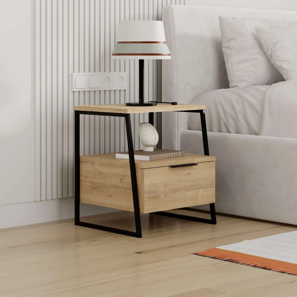 Nočný stolík Houseland Pal dub prírodný/čierny