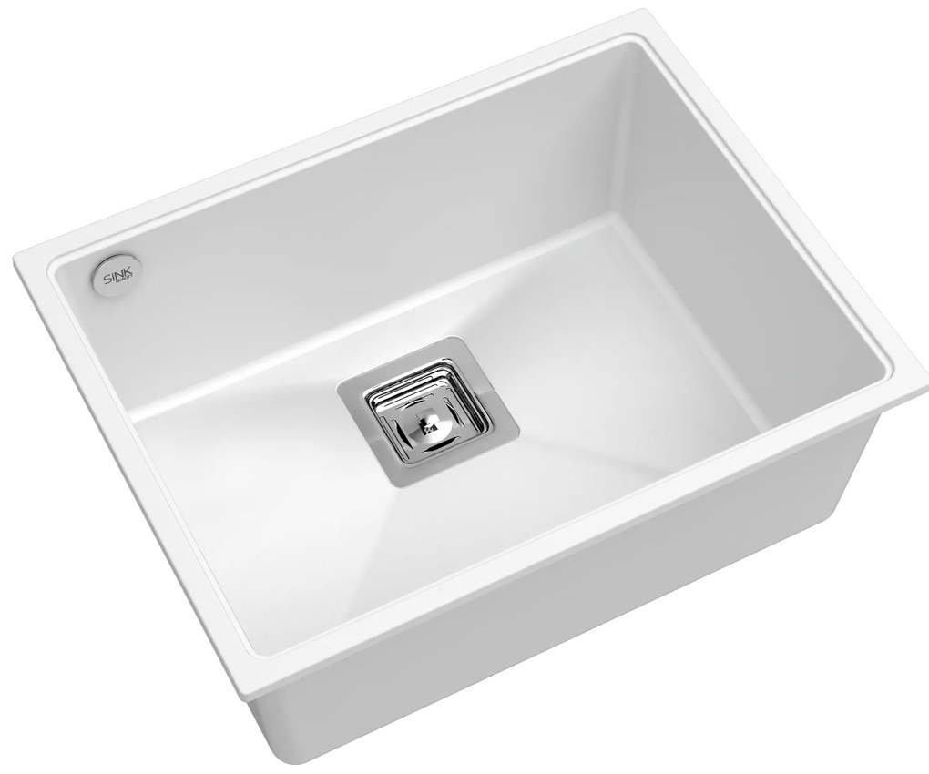 Sink Quality Argon 60, kuchynský granitový drez 550x420x225 mm + chrómový sifón, biela, SKQ-ARG.W.1KBO.60.X