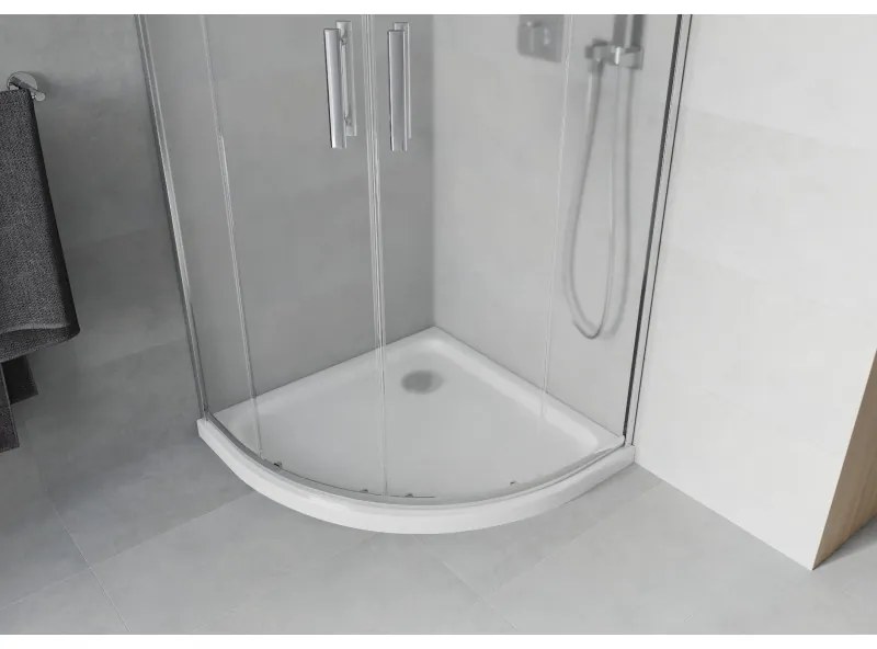Mexen Rio, štvrťkruhový sprchovací kút s posuvnými dverami 90 x 90 cm, 6mm sklo námraza, chrómový profil + biela sprchová vanička, 863-090-090-01-30-4110