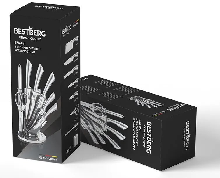 8-dielna súprava nožov s otočným stojanom BestBerg BBK-8SI / strieborná